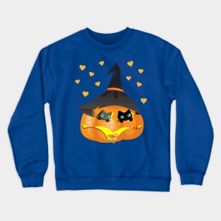 Black and Gray Cat in a Pumpkin House with Sweets Crewneck Sweatshirt